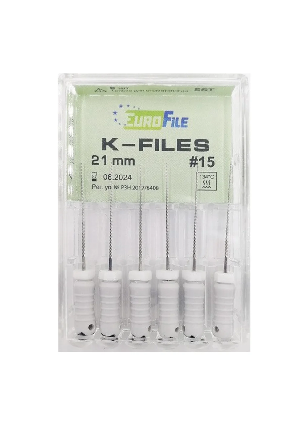 K-Files - ручные файлы, 21 мм, №15, сталь, 6 шт