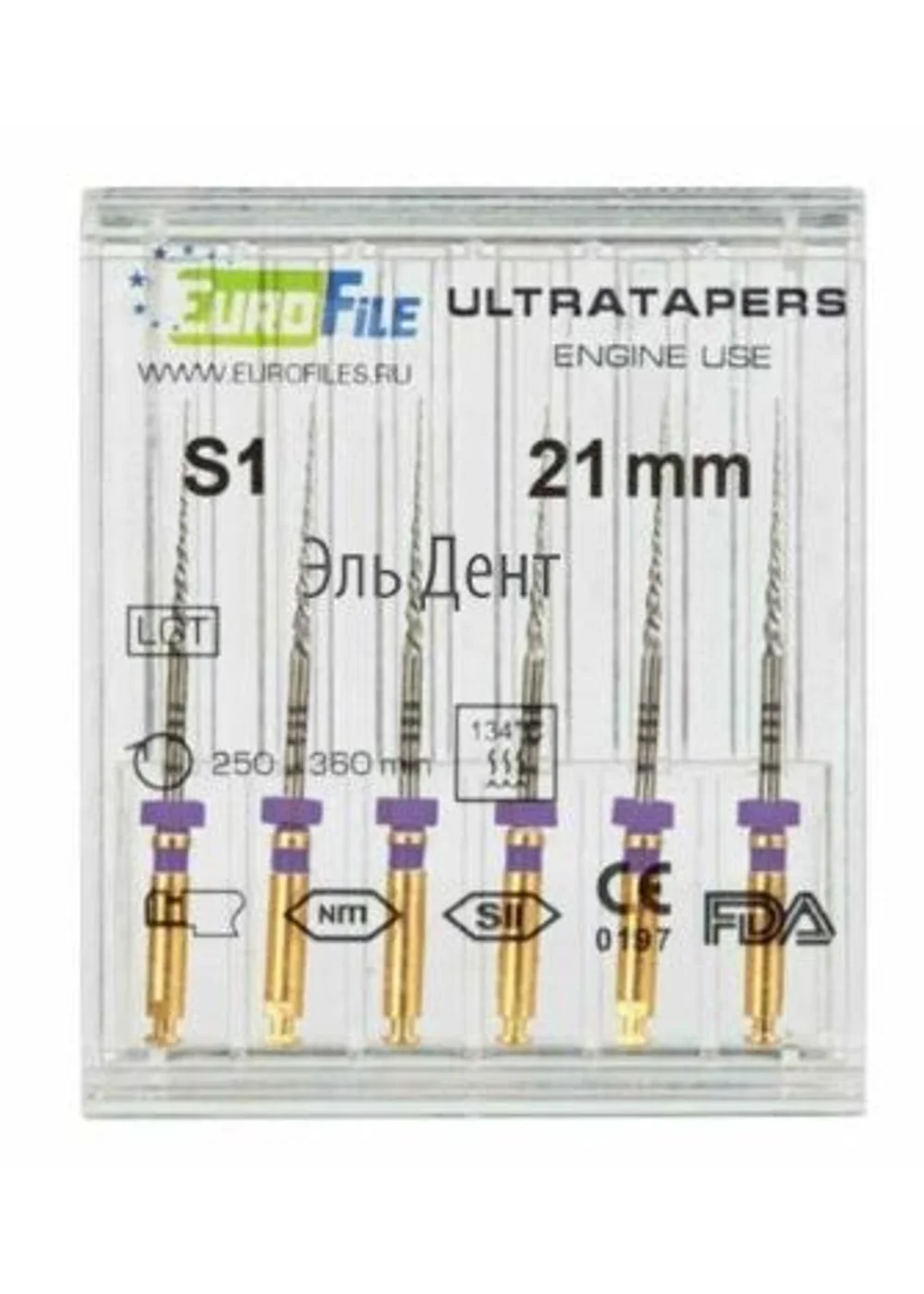 Ultratapers Engine Use S1, 21мм, машинные файлы, никель-титан, (6шт.).Eurofile