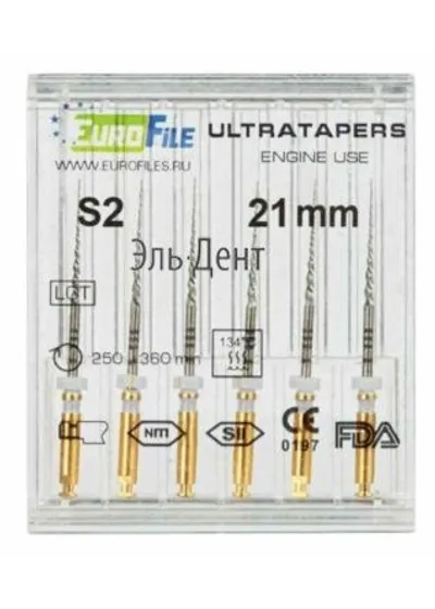 Ultratapers Engine Use S2, 21мм, машинные файлы, никель-титан, (6шт.).Eurofile