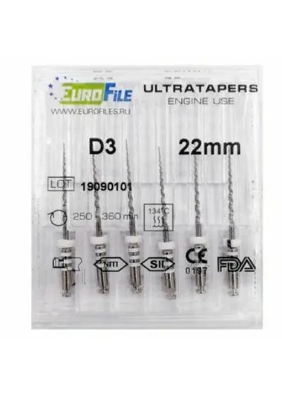 Ultratapers Engine Use D3, 22мм, машинные файлы для перелечивания,  никель-титан, (6шт.).Eurofile