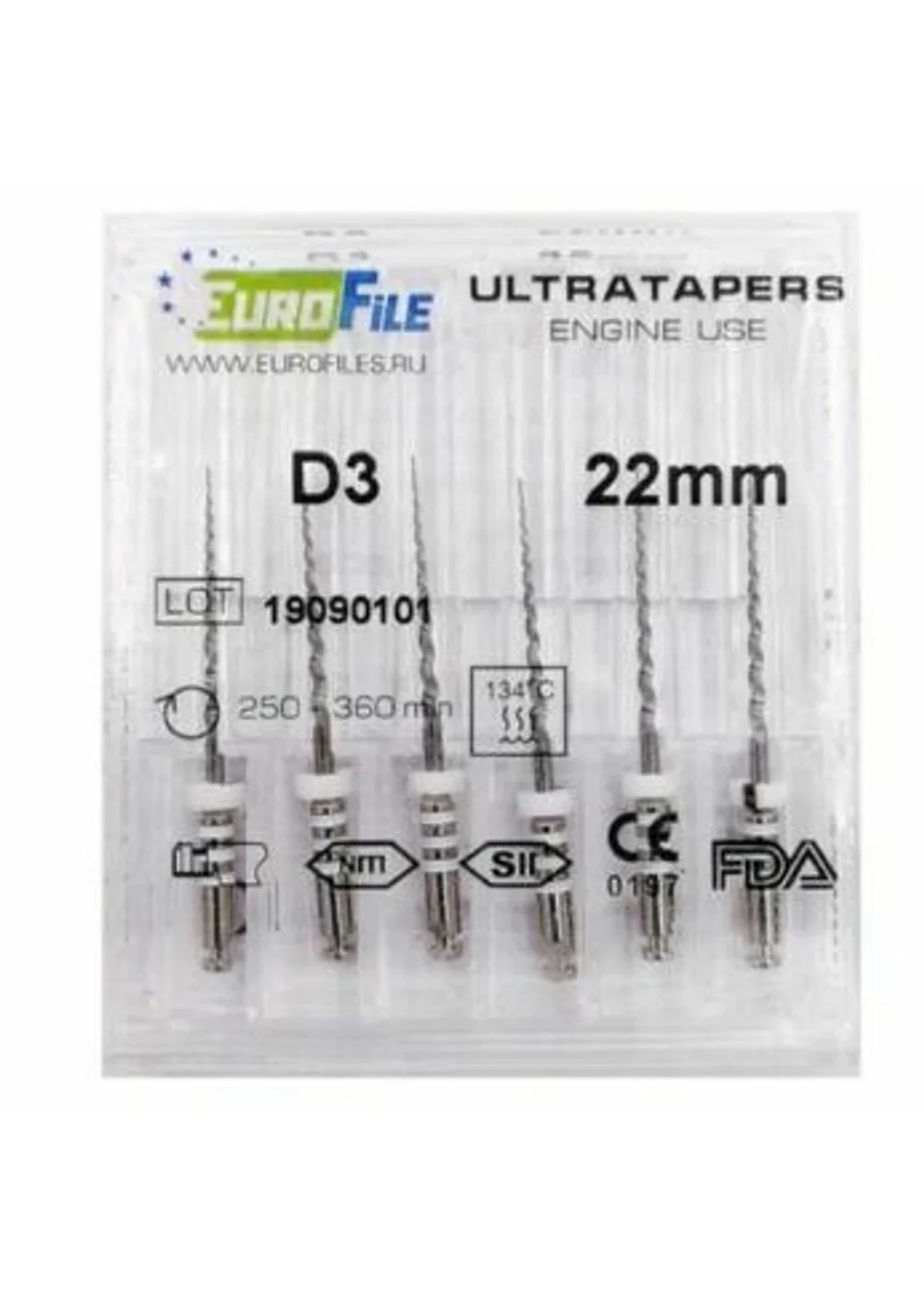 Ultratapers Engine Use D3, 22мм, машинные файлы для перелечивания, никель-титан, (6шт.).Eurofile