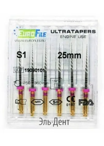 Ultratapers Engine Use S1, 25мм, машинные файлы, никель-титан, (6шт.).Eurofile
