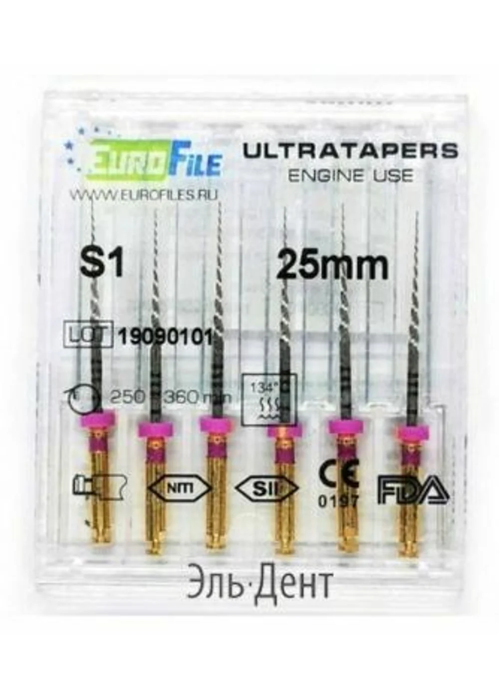 Ultratapers Engine Use S1, 25мм, машинные файлы, никель-титан, (6шт.).Eurofile