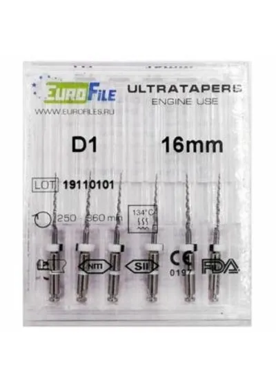 Ultratapers Engine Use D1, 16мм, машинные файлы для перелечивания, никель-титан, (6шт.).Eurofile