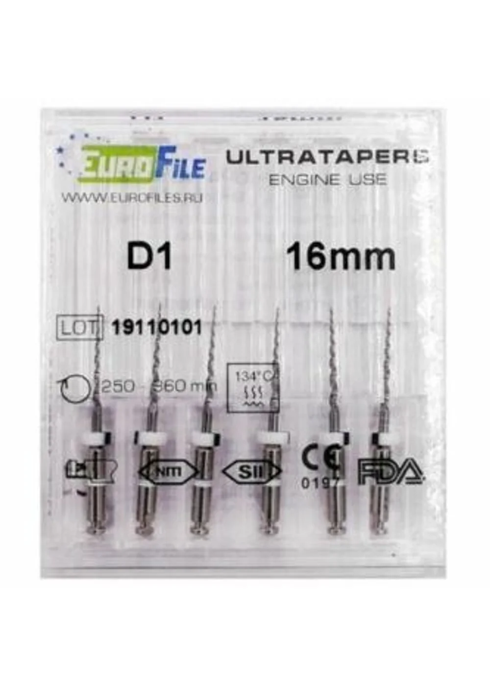 Ultratapers Engine Use D1, 16мм, машинные файлы для перелечивания, никель-титан, (6шт.).Eurofile