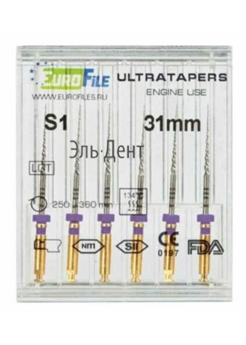 Ultratapers Engine Use S1, 31мм, машинные файлы, никель-титан, (6шт.).Eurofile