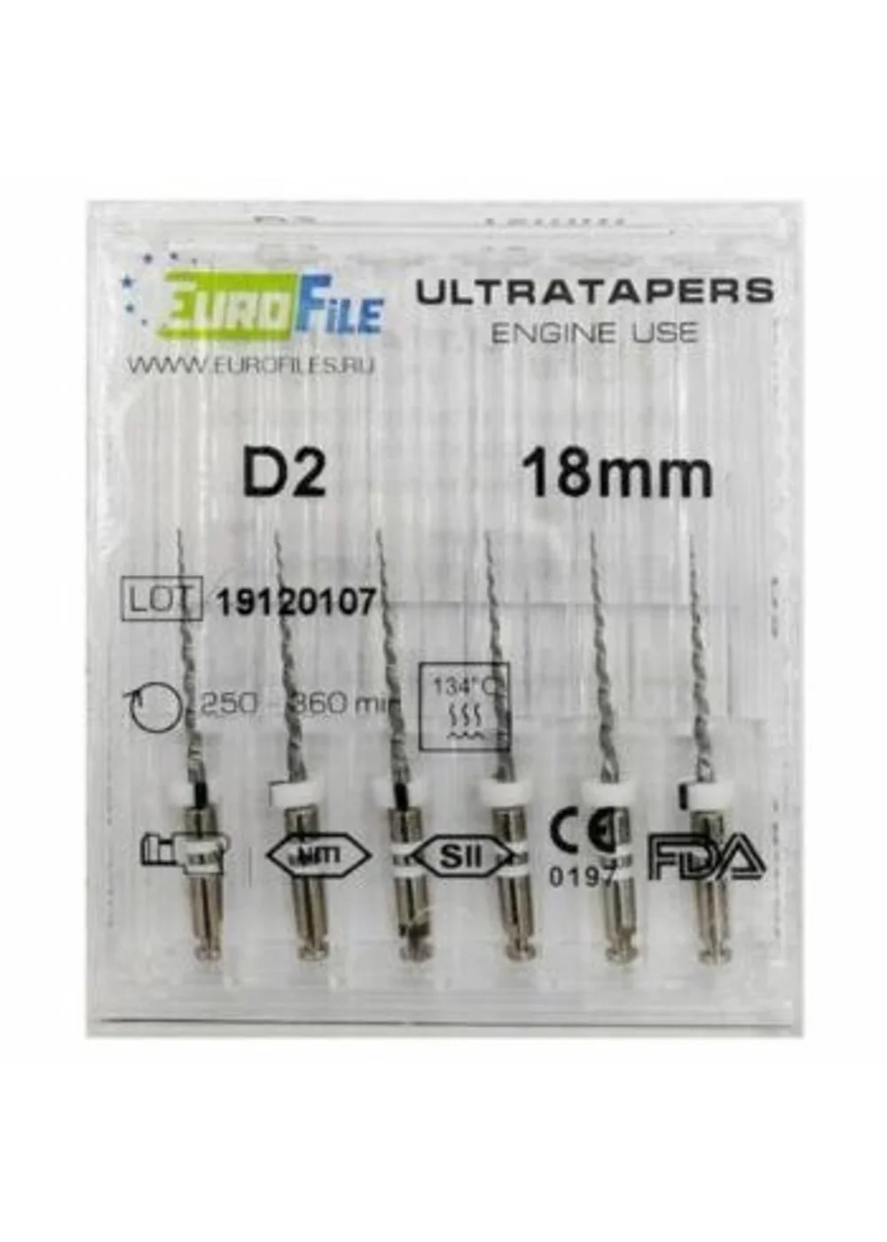 Ultratapers Engine Use D2, 18мм, машинные файлы для перелечивания, никель-титан, (6шт.).Eurofile