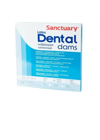 Коффердам Latex Dental Dams,  синего цвета, без запаха, плотный, размеры 152мм. х 152мм., 36шт (упак.), SANCTUARY