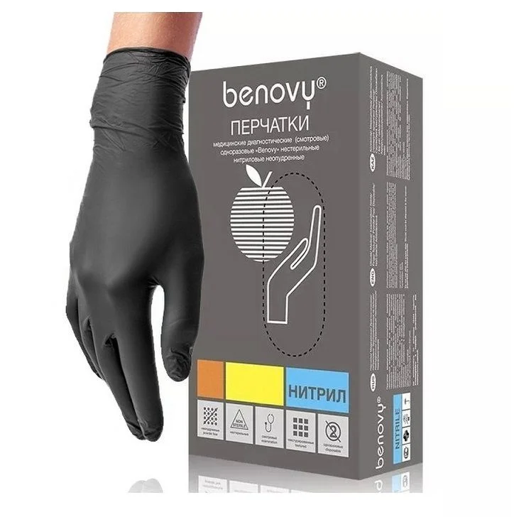 Перчатки ЧЕРНЫЕ нитрил Benovy M (7/8), 3г. 100шт. (Маркированные)