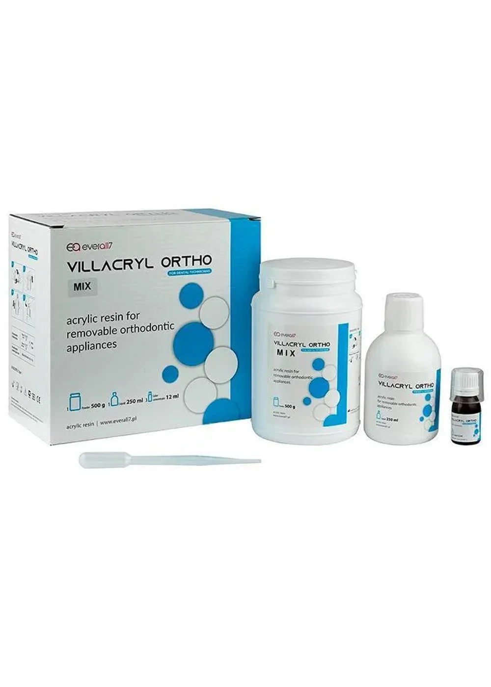 Пластмасса базисная, Everall7, Villacryl Ortho Mix, холодная полимеризация, 500г+3х12мл+250мл