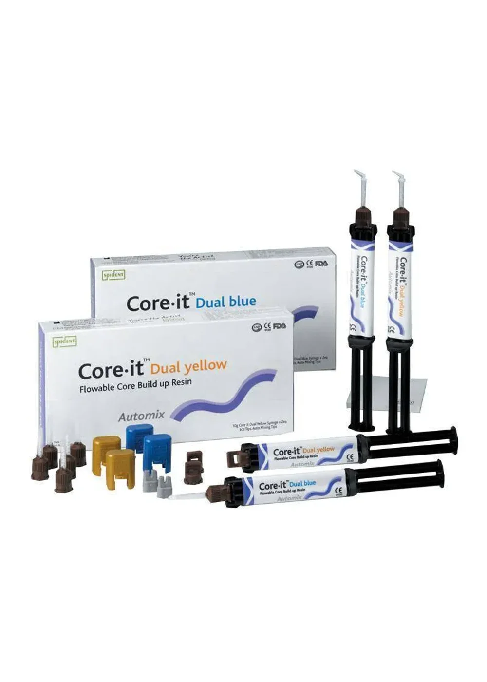 Цемент, Spident, Коре-ит Дуал синий (Core-It Dual blue), композитный двойного отверждения, 2 шприца по 10 г + пластина