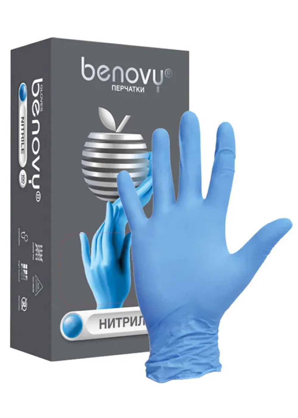 Перчатки нитриловые, Benovy, XL (9-10), 100шт, голубые, с полимерным покрытием