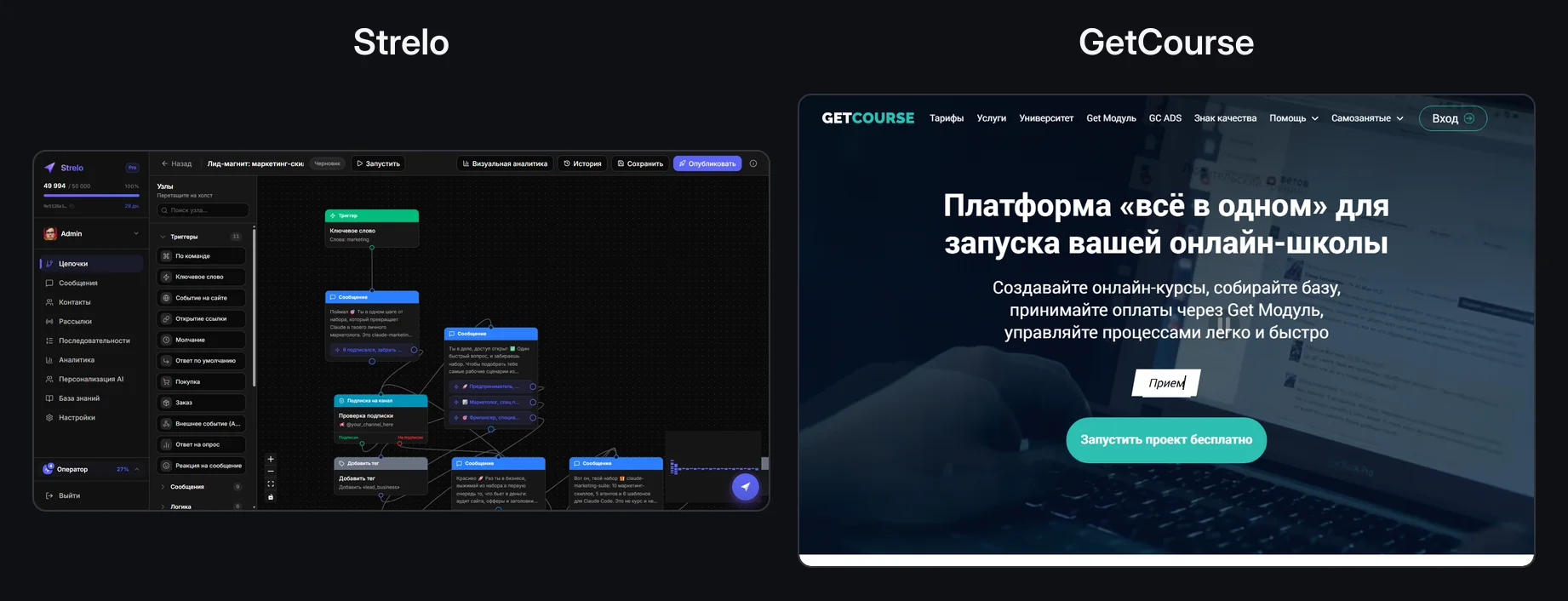 Сравнение интерфейсов Strelo и GetCourse