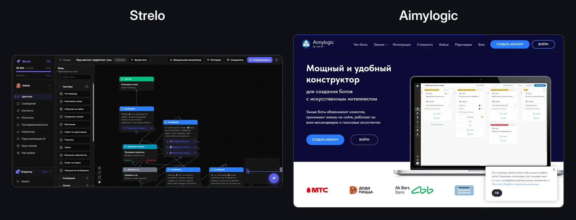Сравнение интерфейсов Strelo и Aimylogic