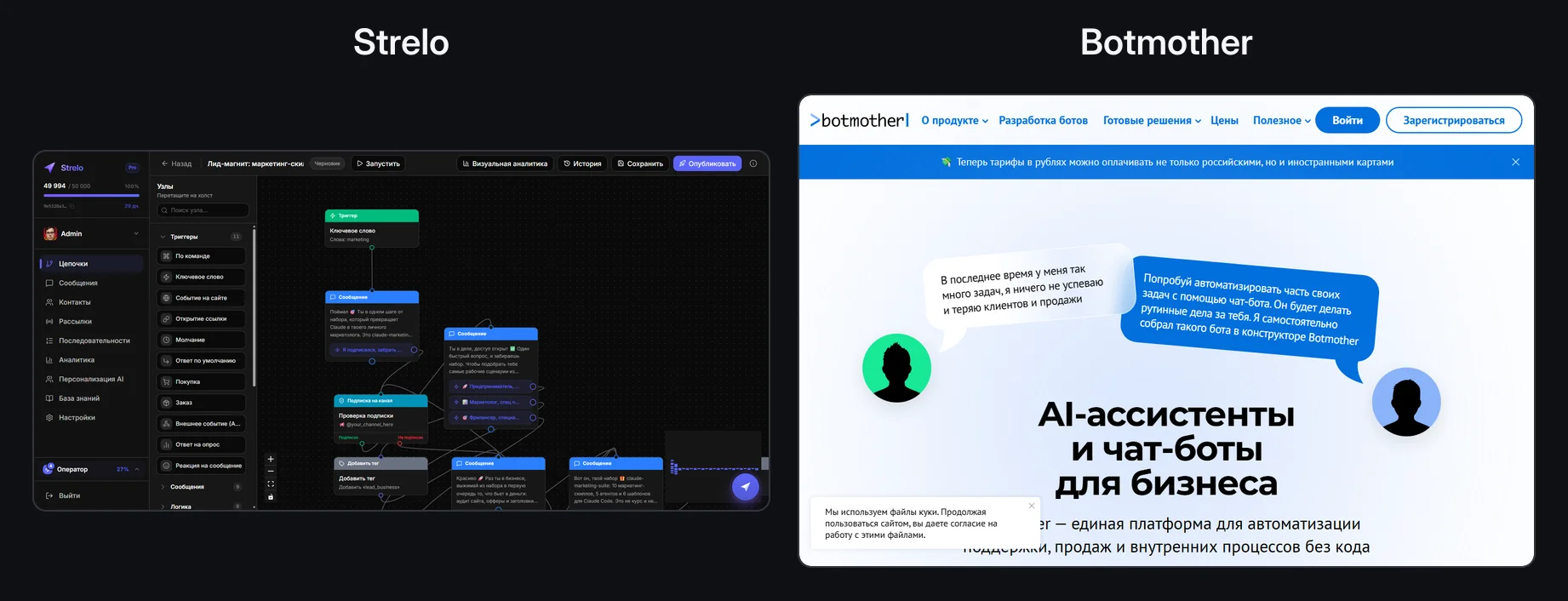Сравнение интерфейсов Strelo и Botmother