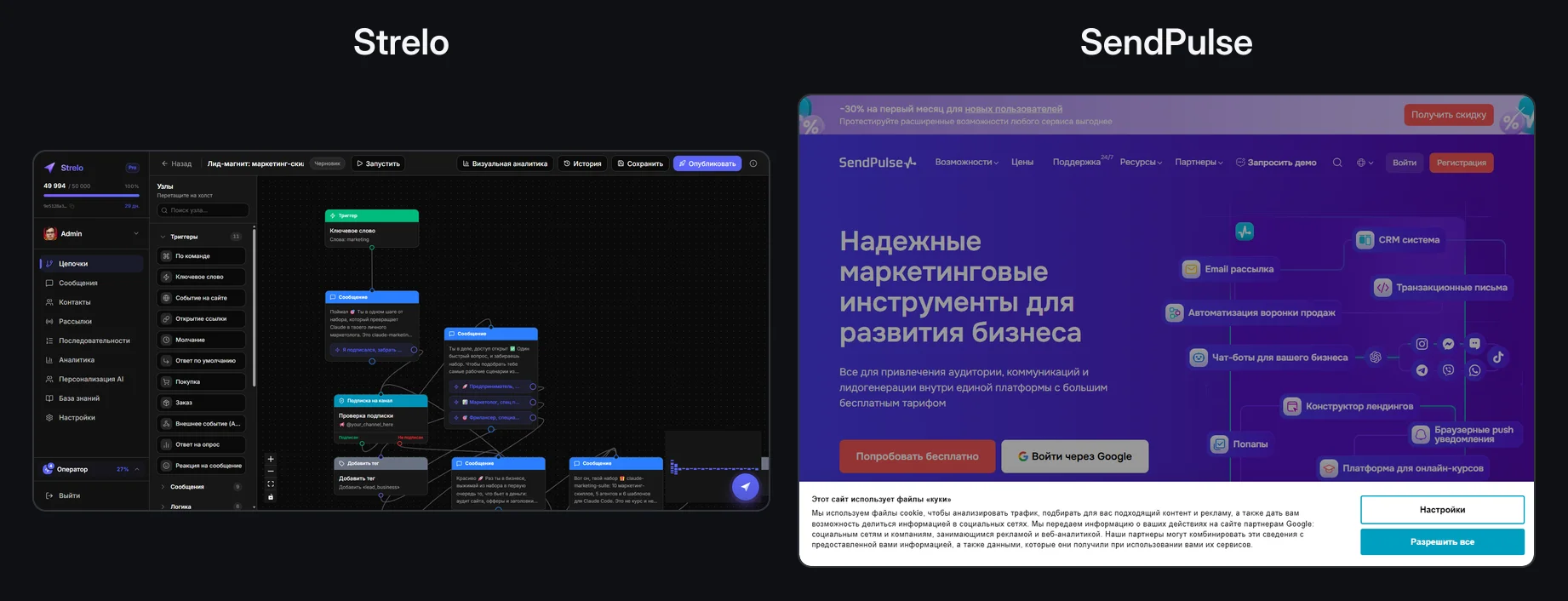 Сравнение интерфейсов Strelo и SendPulse