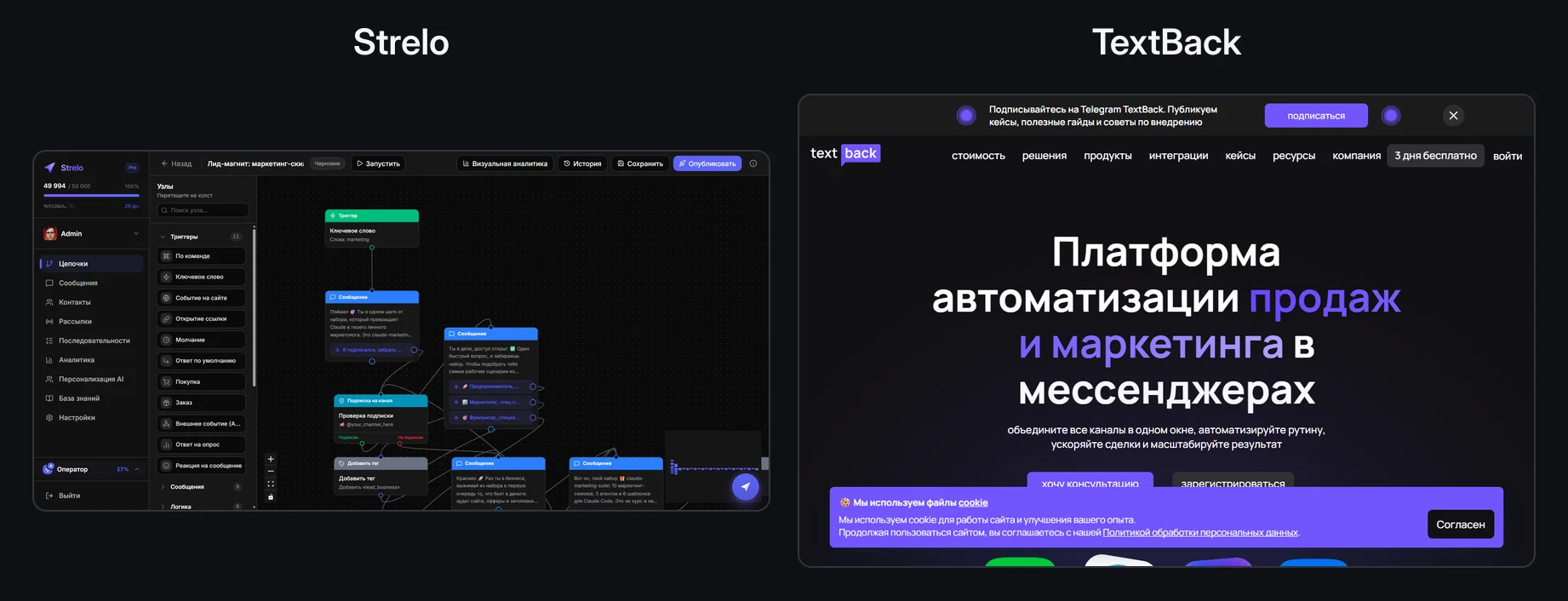 Сравнение интерфейсов Strelo и TextBack