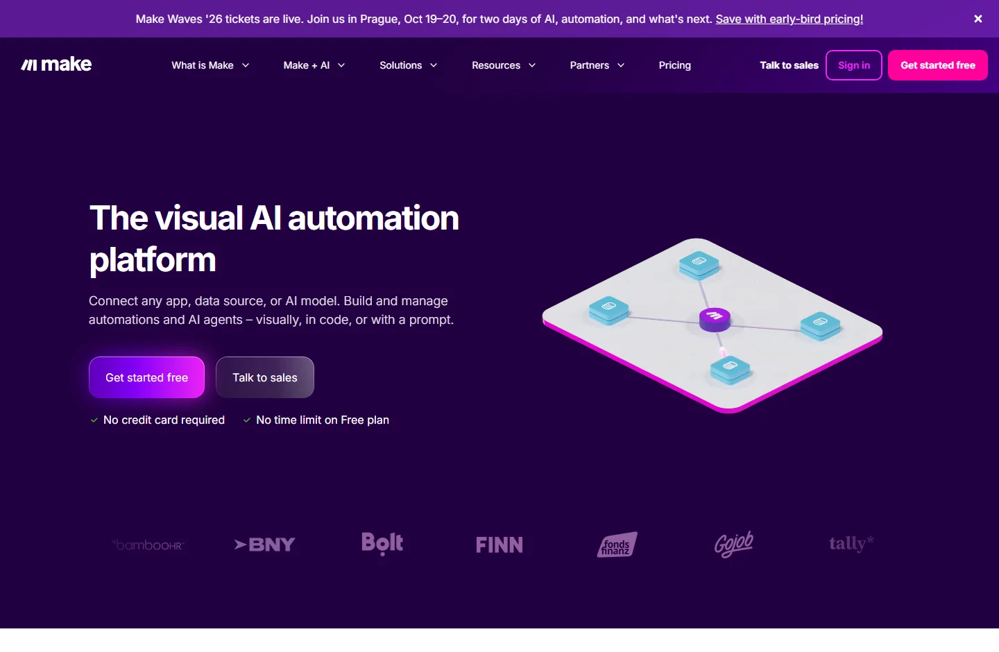 Make на официальном экране позиционирует себя как visual AI automation platform. Это сильный интеграционный слой, но не готовая CRM для Telegram-продаж.