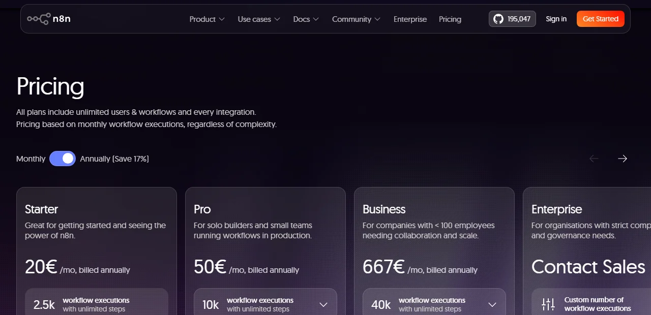 n8n считает ценность через workflow executions: на скрине видны Starter, Pro, Business и лимиты запусков. Для Telegram-бота это нужно считать заранее.