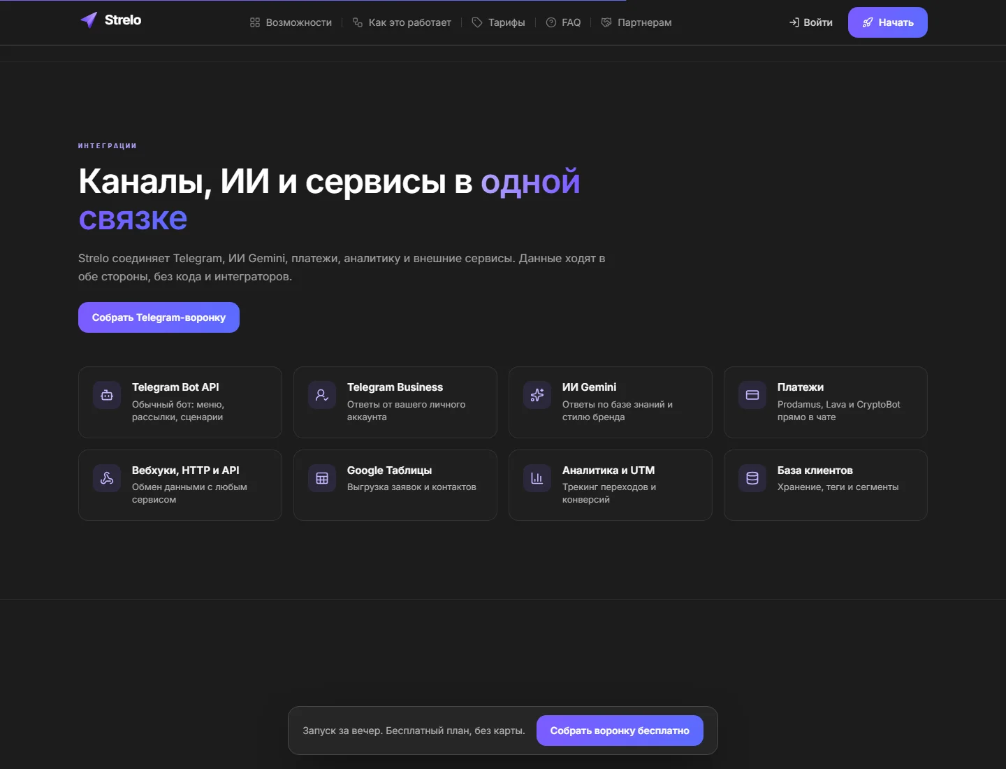 Strelo: интеграции, HTTP, вебхуки, платежи и клиентские данные находятся в том же продукте, где собирается сценарий.