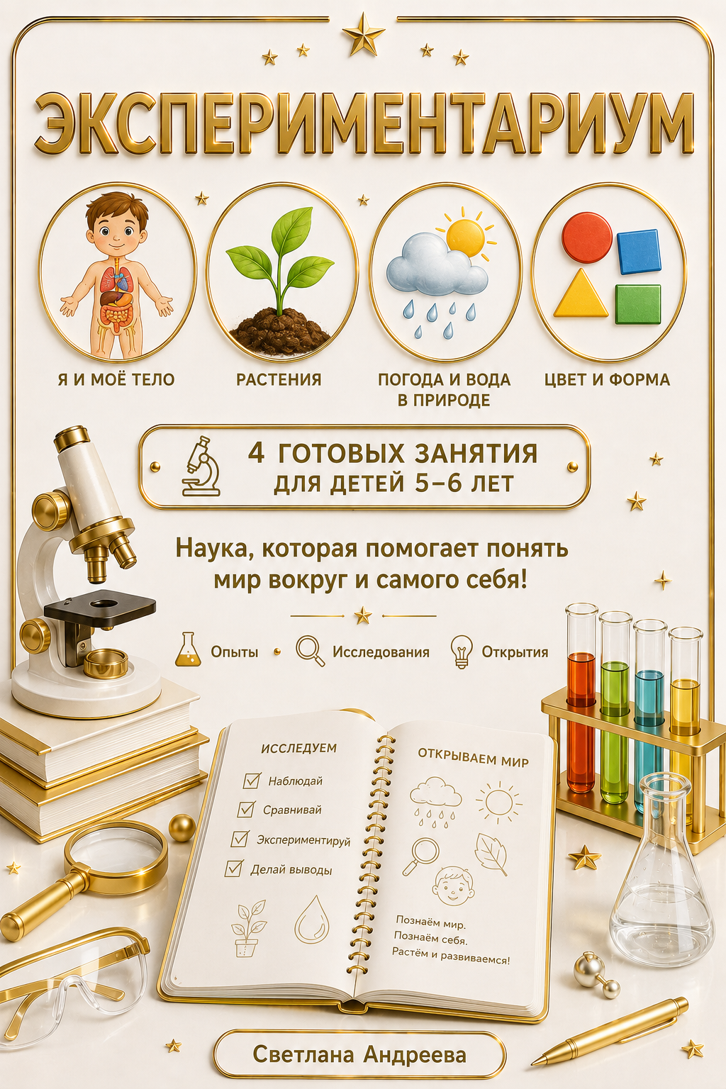 ЭКСПЕРИМЕНТАРИУМ Я И МОЁ ТЕЛО • РАСТЕНИЯ • ПОГОДА И ВОДА В ПРИРОДЕ • ЦВЕТ И ФОРМА Светлана Андреева  🔬 4 готовых занятия для детей 5–6 лет  Наука, которая помогает понять мир вокруг и самого себя!  Опыты • Исследования • Открытия