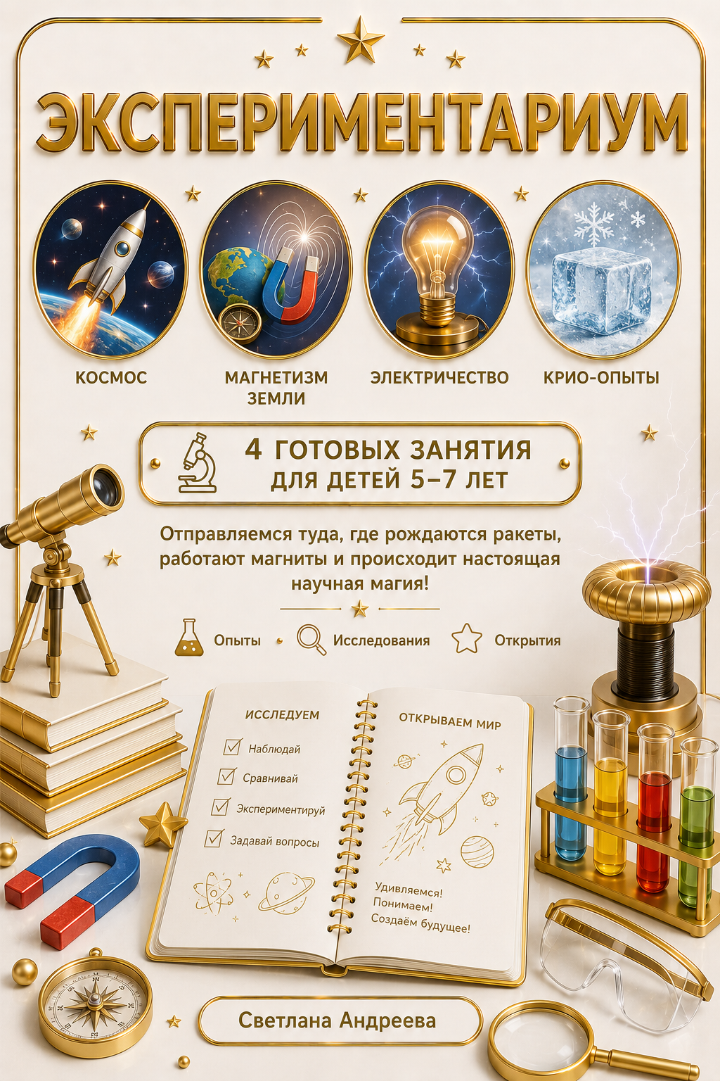 ЭКСПЕРИМЕНТАРИУМ КОСМОС • МАГНЕТИЗМ ЗЕМЛИ • ЭЛЕКТРИЧЕСТВО • КРИО-ОПЫТЫ Светлана Андреева  🔬 4 готовых занятия для детей 5–7 лет  Отправляемся туда, где рождаются ракеты, работают магниты и происходит настоящая научная магия!