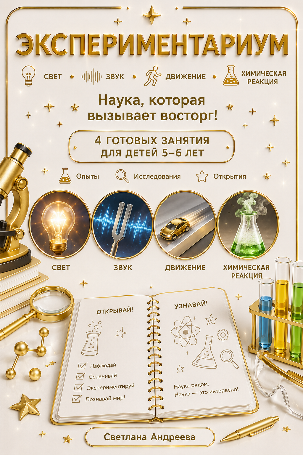 ЭКСПЕРИМЕНТАРИУМ СВЕТ • ЗВУК • ДВИЖЕНИЕ • ХИМИЧЕСКАЯ РЕАКЦИЯ Автор: Светлана Андреева  🔬 4 готовых занятия для детей 5–6 лет  Опыты • Исследования • Открытия