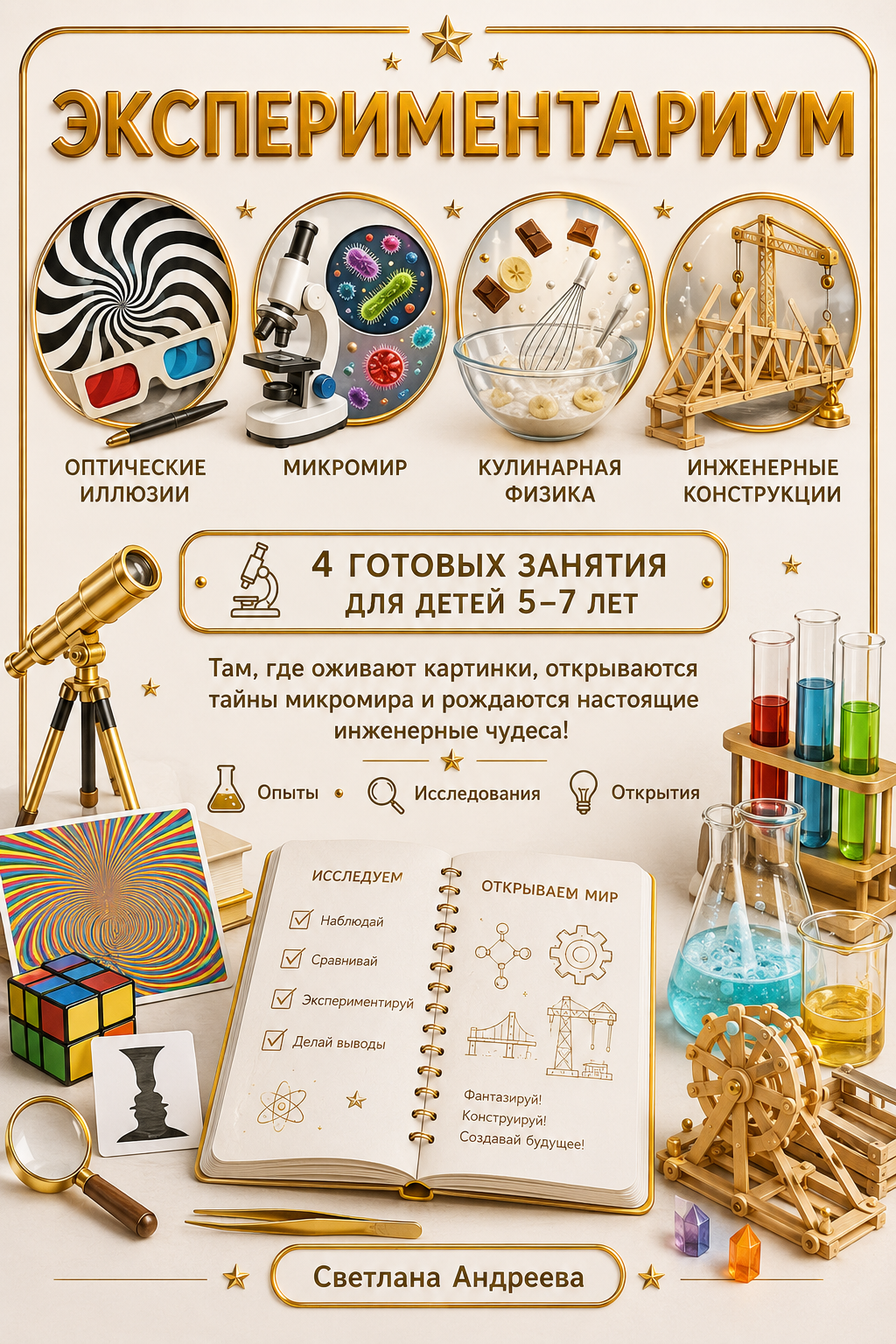 ЭКСПЕРИМЕНТАРИУМ ОПТИЧЕСКИЕ ИЛЛЮЗИИ • МИКРОМИР • КУЛИНАРНАЯ ФИЗИКА • ИНЖЕНЕРНЫЕ КОНСТРУКЦИИ Светлана Андреева  🔬 4 готовых занятия для детей 5–7 лет  Там, где оживают картинки, открываются тайны микромира и рождаются настоящие инженерные чудеса!