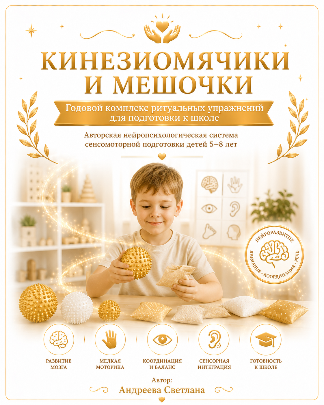 КИНЕЗИОМЯЧИКИ И МЕШОЧКИ Годовой комплекс ритуальных упражнений для подготовки к школе Авторская нейропсихологическая система сенсомоторной подготовки детей 5–8 лет  Автор: Андреева Светлана