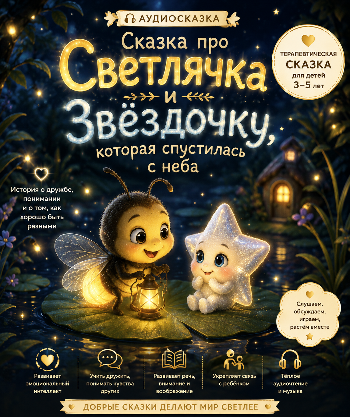 «Сказка про Светлячка и Звёздочку, которая спустилась с неба» Терапевтическая аудиосказка для развития речи, эмоционального интеллекта и навыков дружбы у детей 3–5 лет