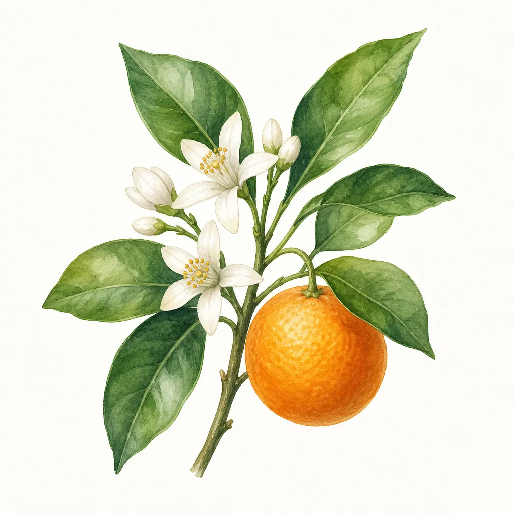 Апельсин (Citrus sinensis) — ботаническая иллюстрация травы
