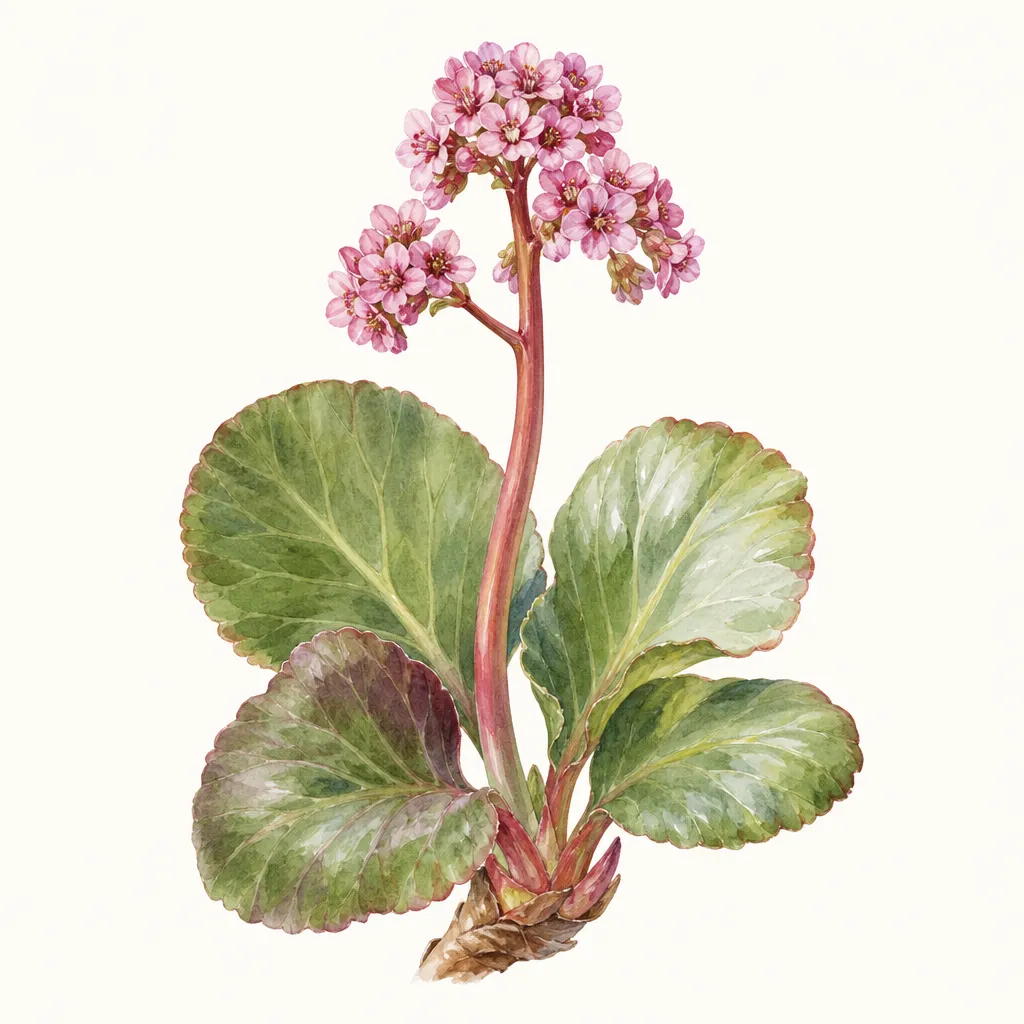 Бадан (Bergenia crassifolia) — ботаническая иллюстрация травы