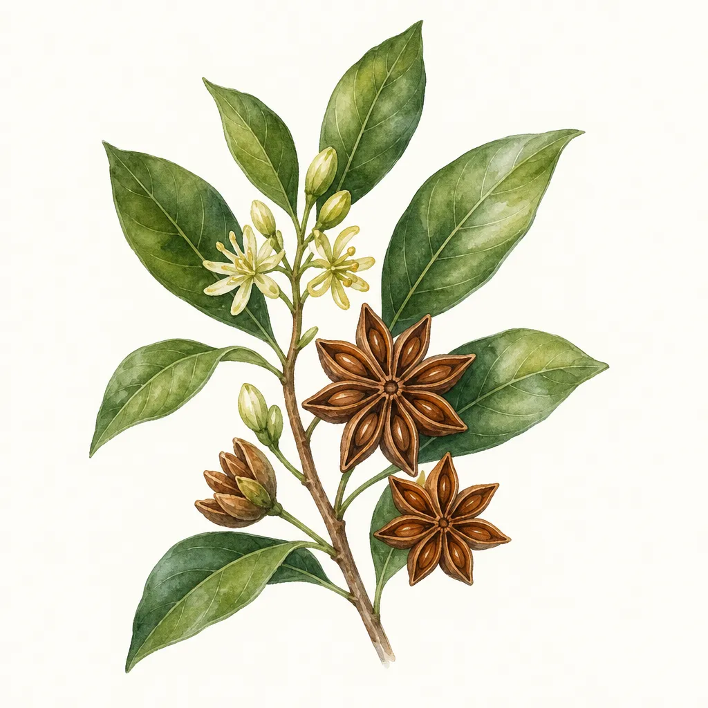 Бадьян (Illicium verum) — ботаническая иллюстрация травы