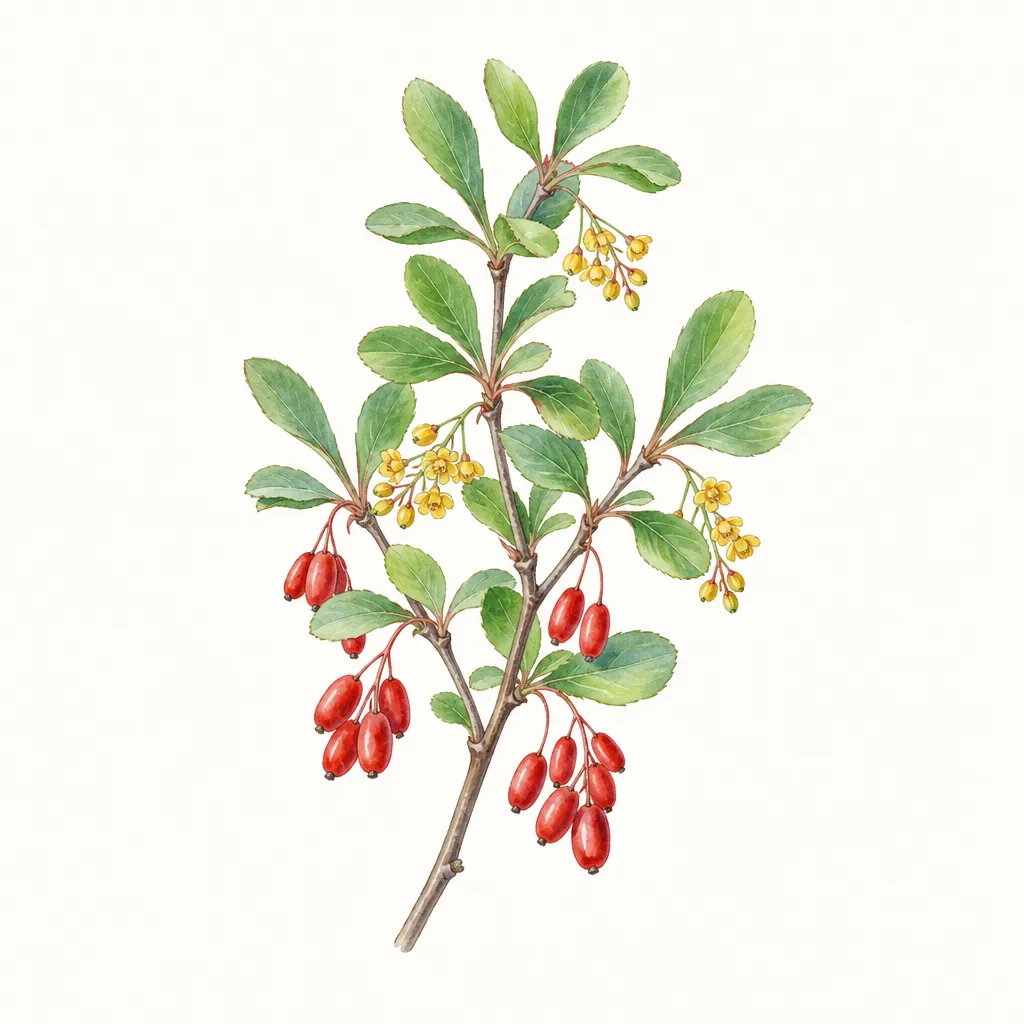 Барбарис (Berberis vulgaris) — ботаническая иллюстрация травы