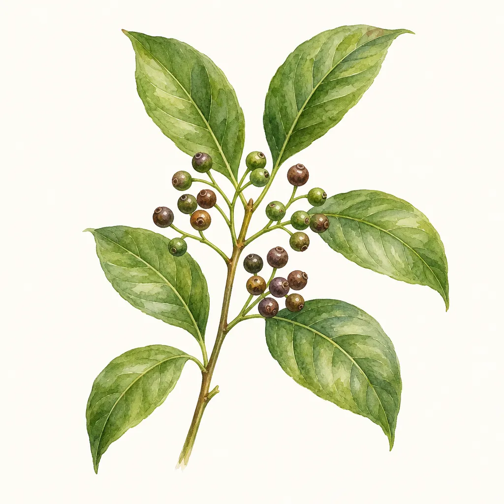 Душистый перец (Pimenta dioica) — ботаническая иллюстрация травы
