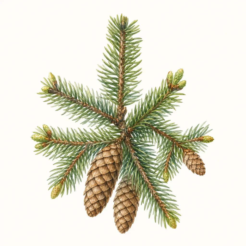 Ель (Picea abies) — ботаническая иллюстрация травы