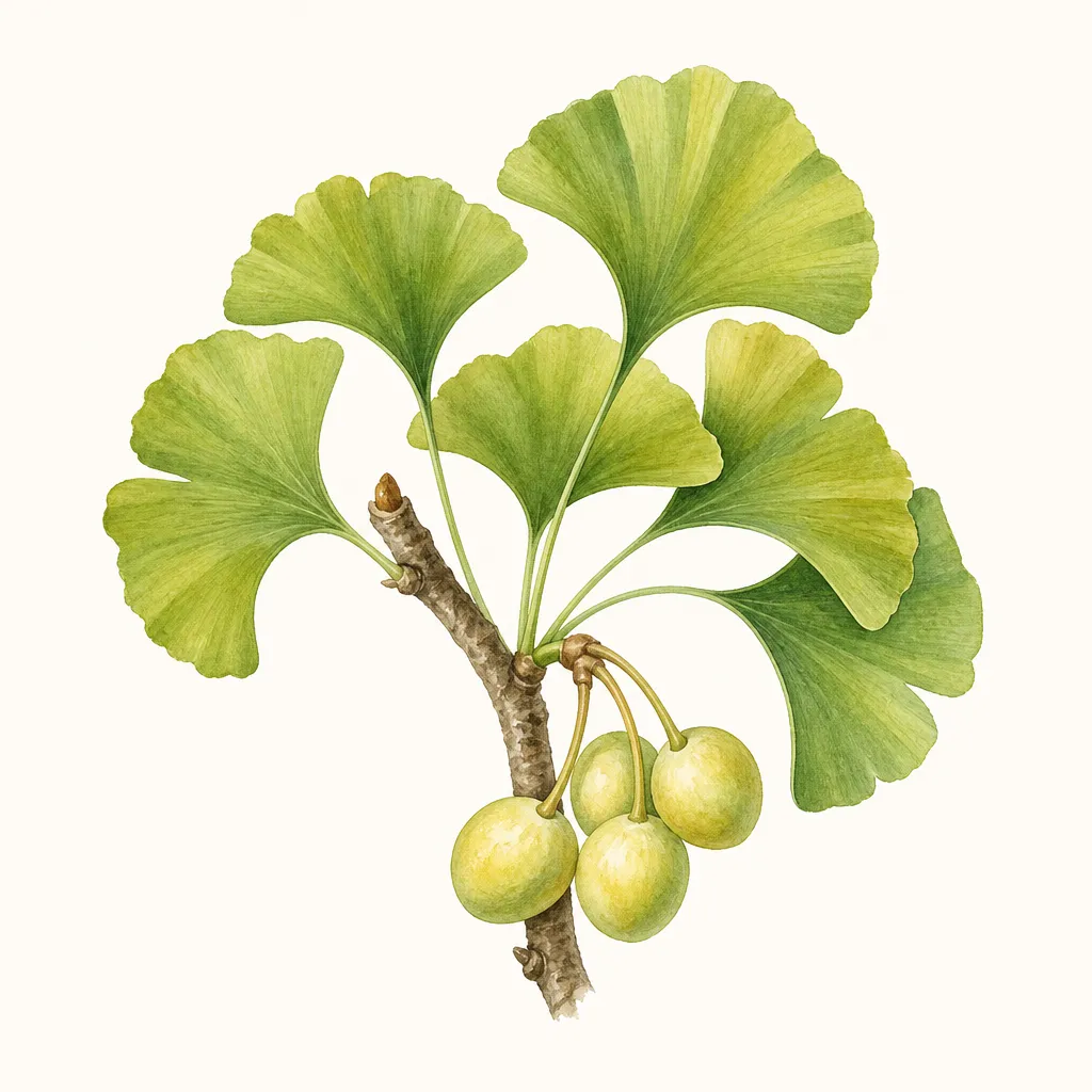 Гинкго билоба (Ginkgo biloba) — ботаническая иллюстрация травы