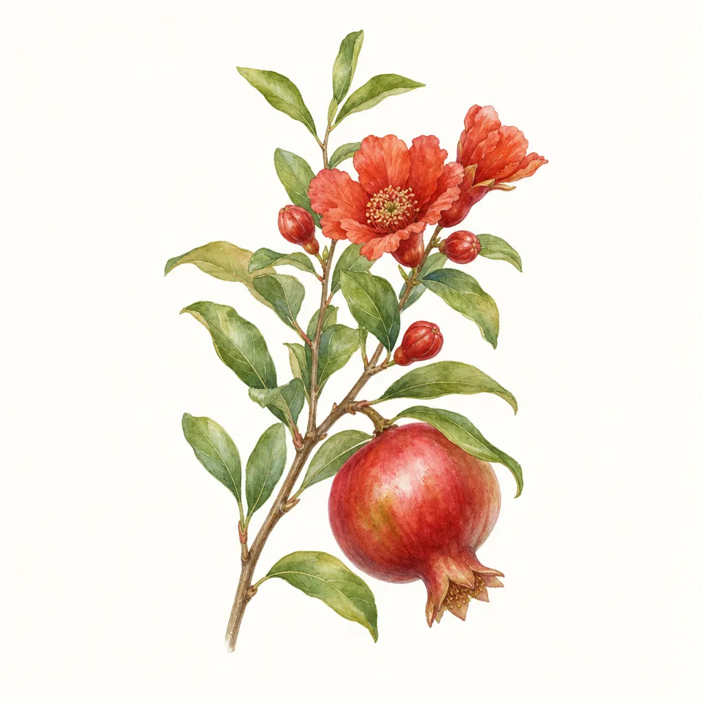 Гранат (Punica granatum) — ботаническая иллюстрация травы