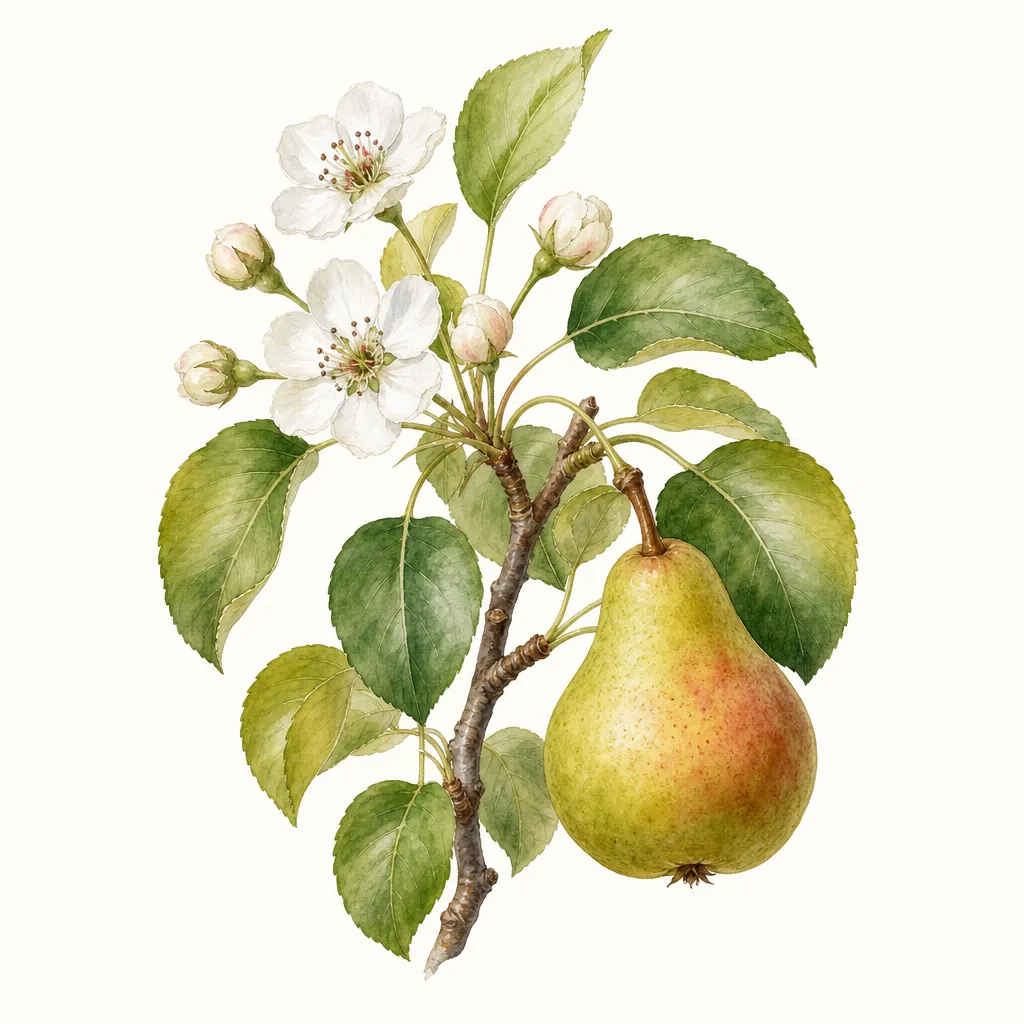 Груша (Pyrus communis) — ботаническая иллюстрация травы