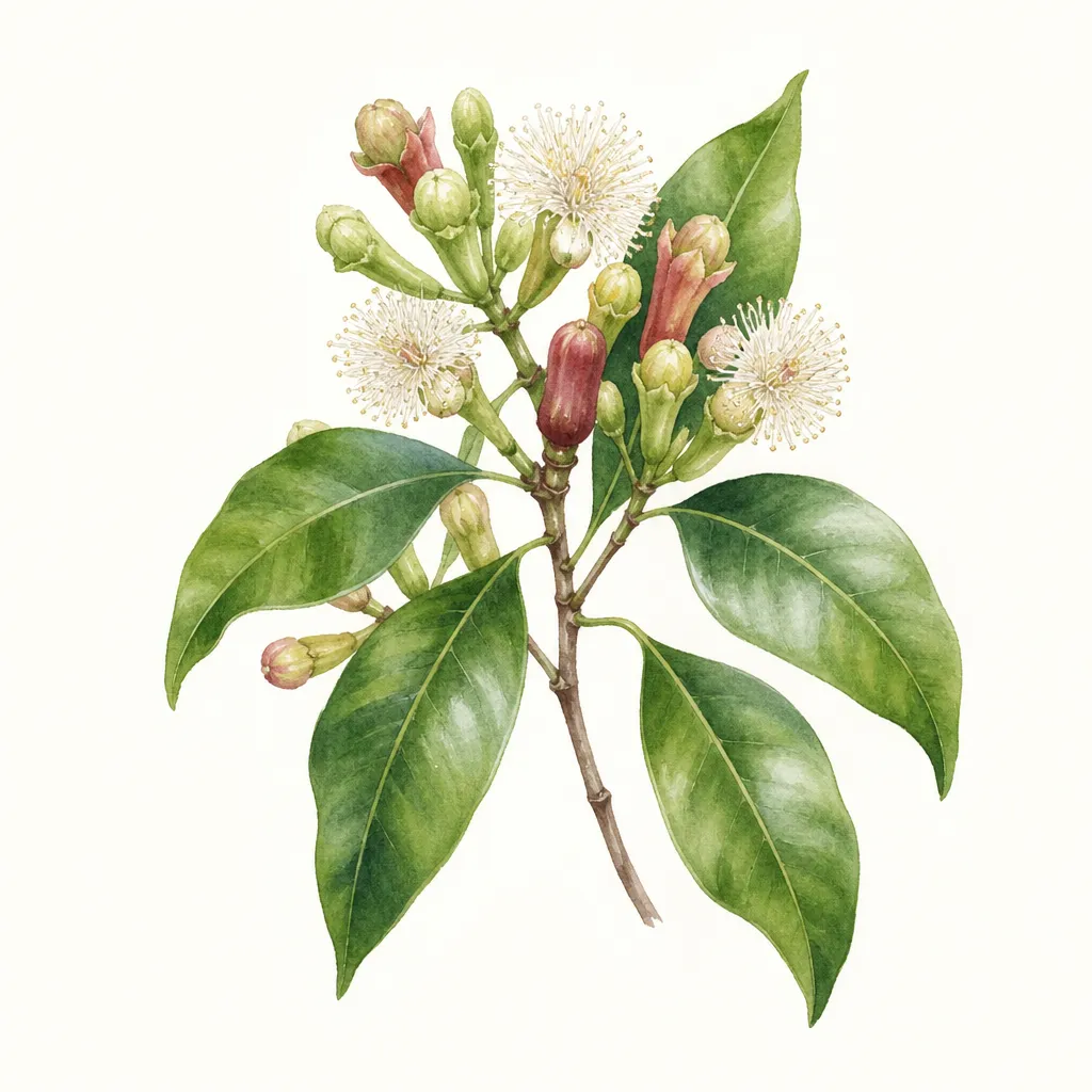 Гвоздика (Syzygium aromaticum) — ботаническая иллюстрация травы