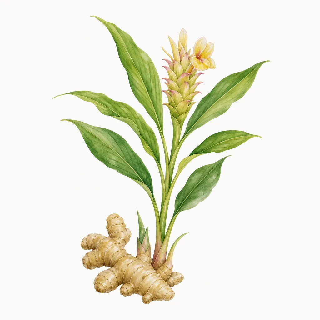 Имбирь (Zingiber officinale) — ботаническая иллюстрация травы
