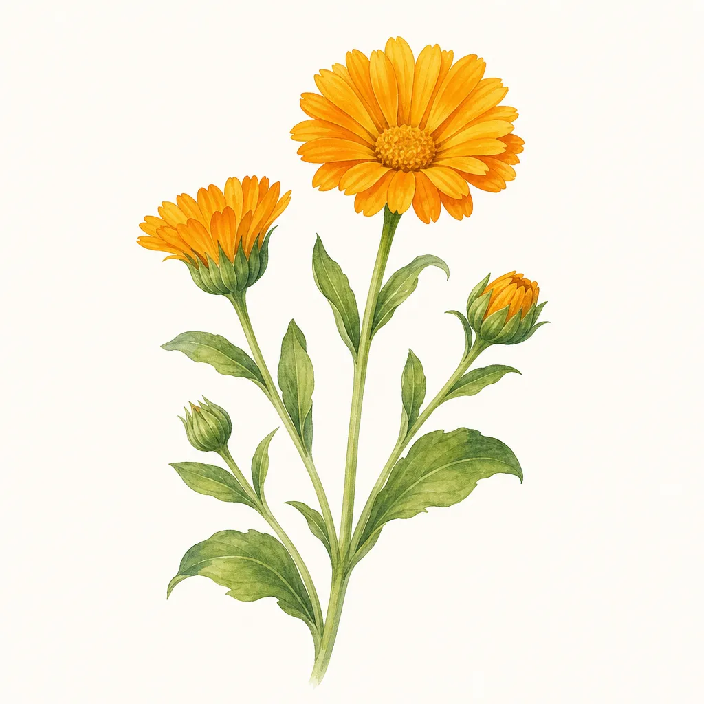 Календула (Calendula officinalis) — ботаническая иллюстрация травы
