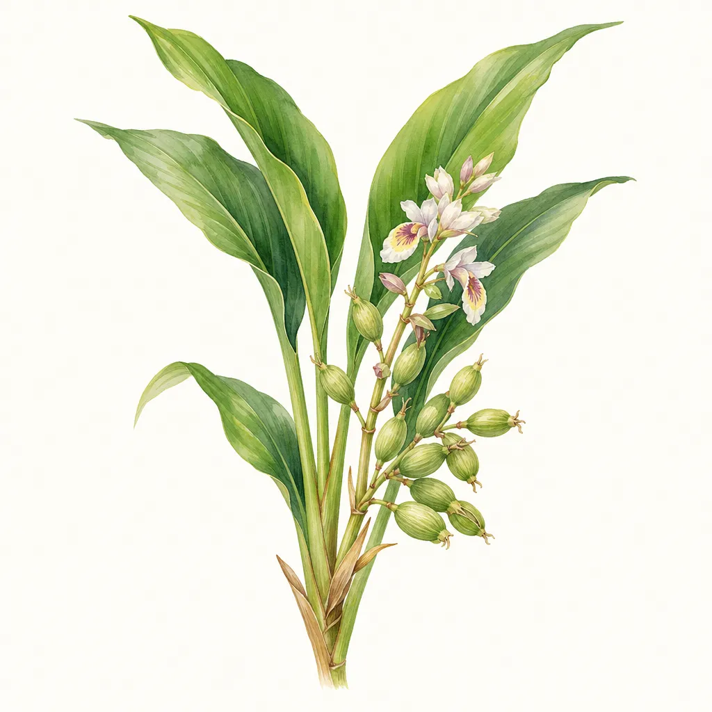 Кардамон (Elettaria cardamomum) — ботаническая иллюстрация травы
