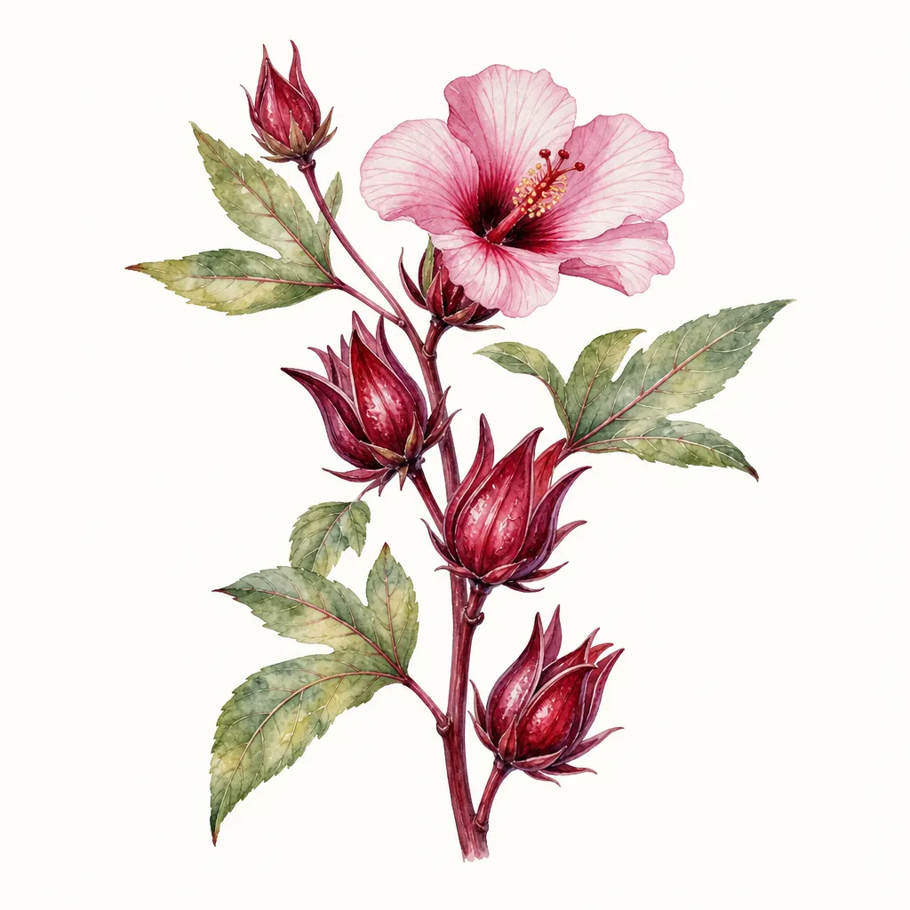 Каркаде (Hibiscus sabdariffa) — ботаническая иллюстрация травы