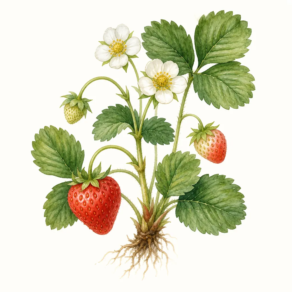 Клубника (Fragaria × ananassa) — ботаническая иллюстрация травы