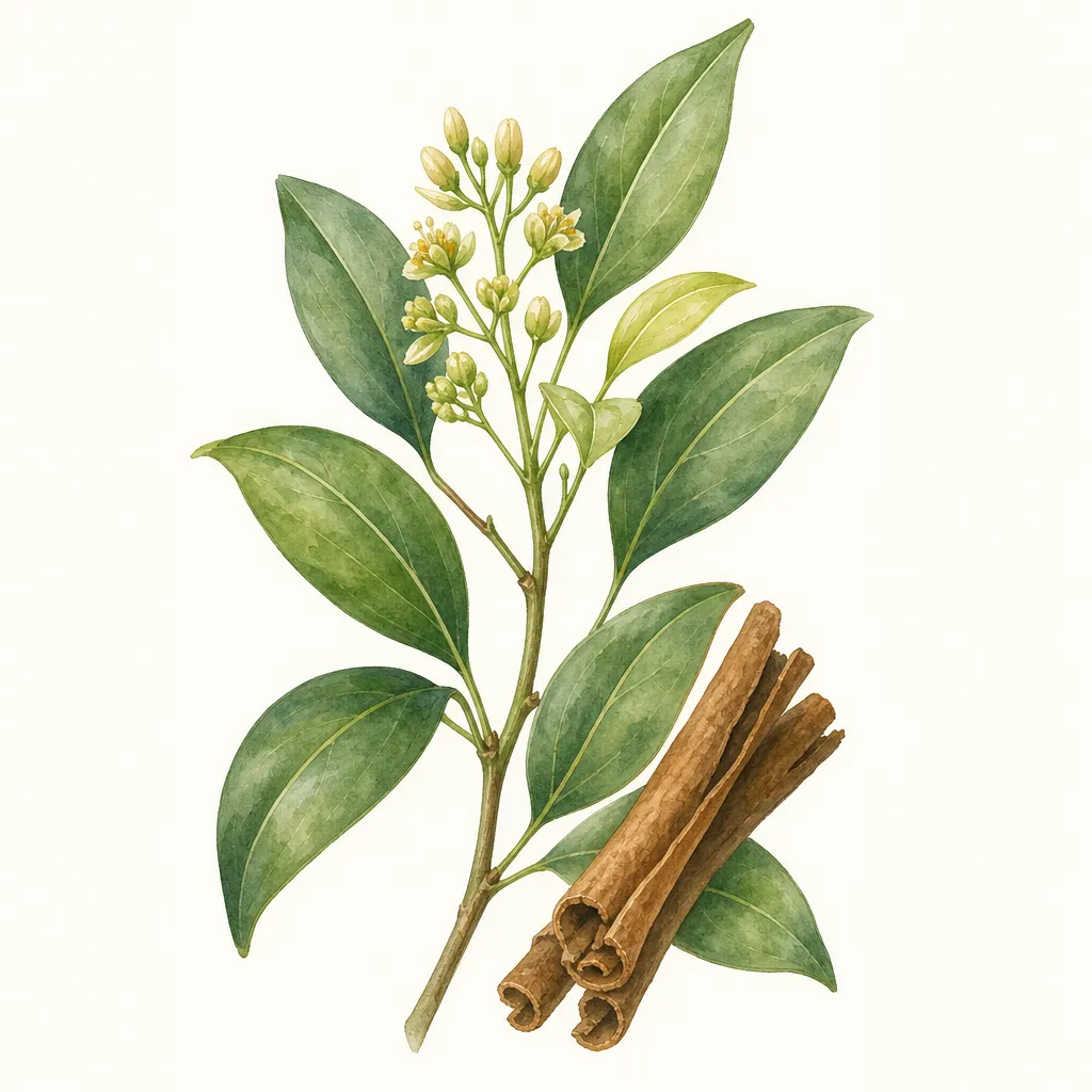 Корица (Cinnamomum verum) — ботаническая иллюстрация травы