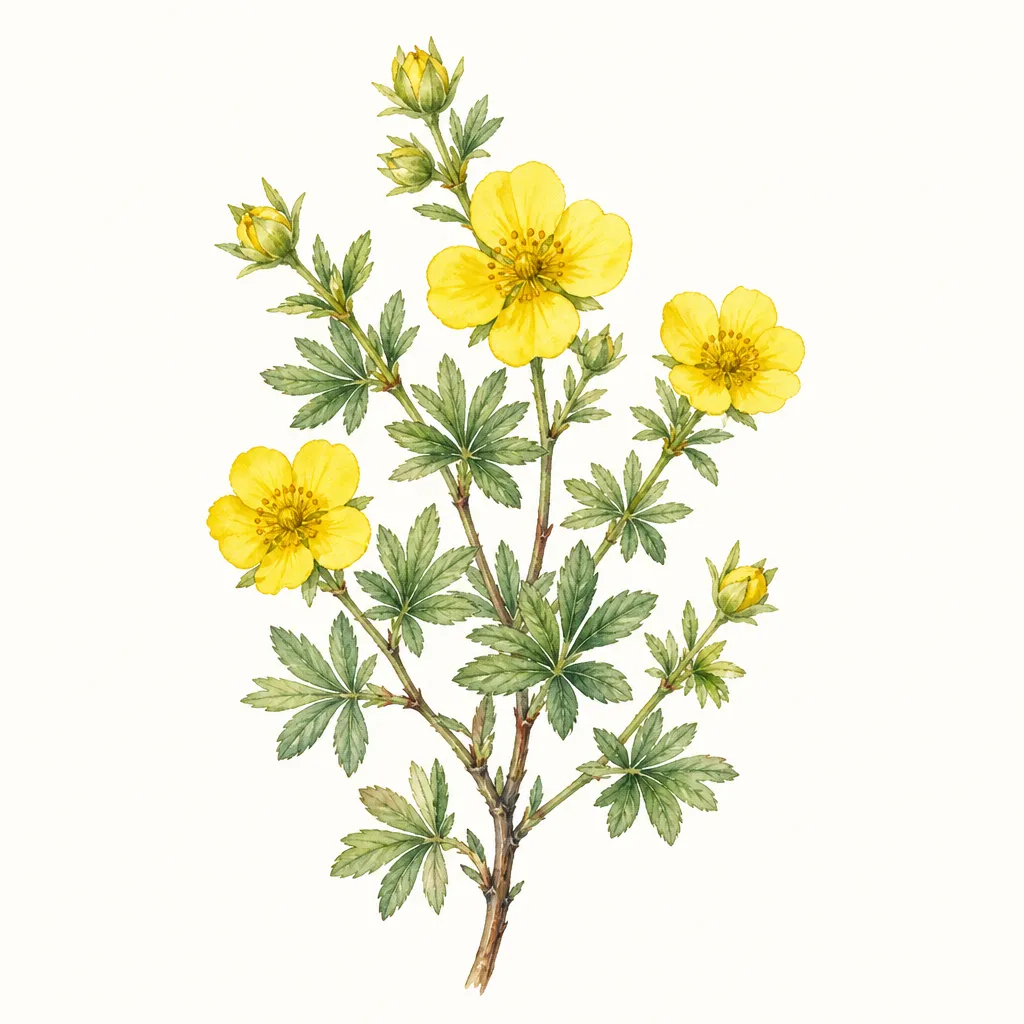 Курильский чай (Dasiphora fruticosa) — ботаническая иллюстрация травы