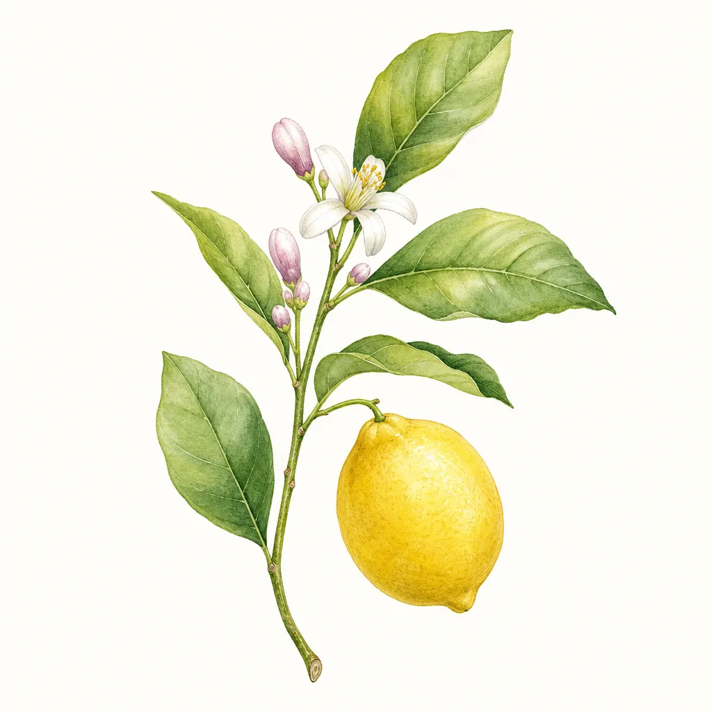 Лимон (Citrus limon) — ботаническая иллюстрация травы