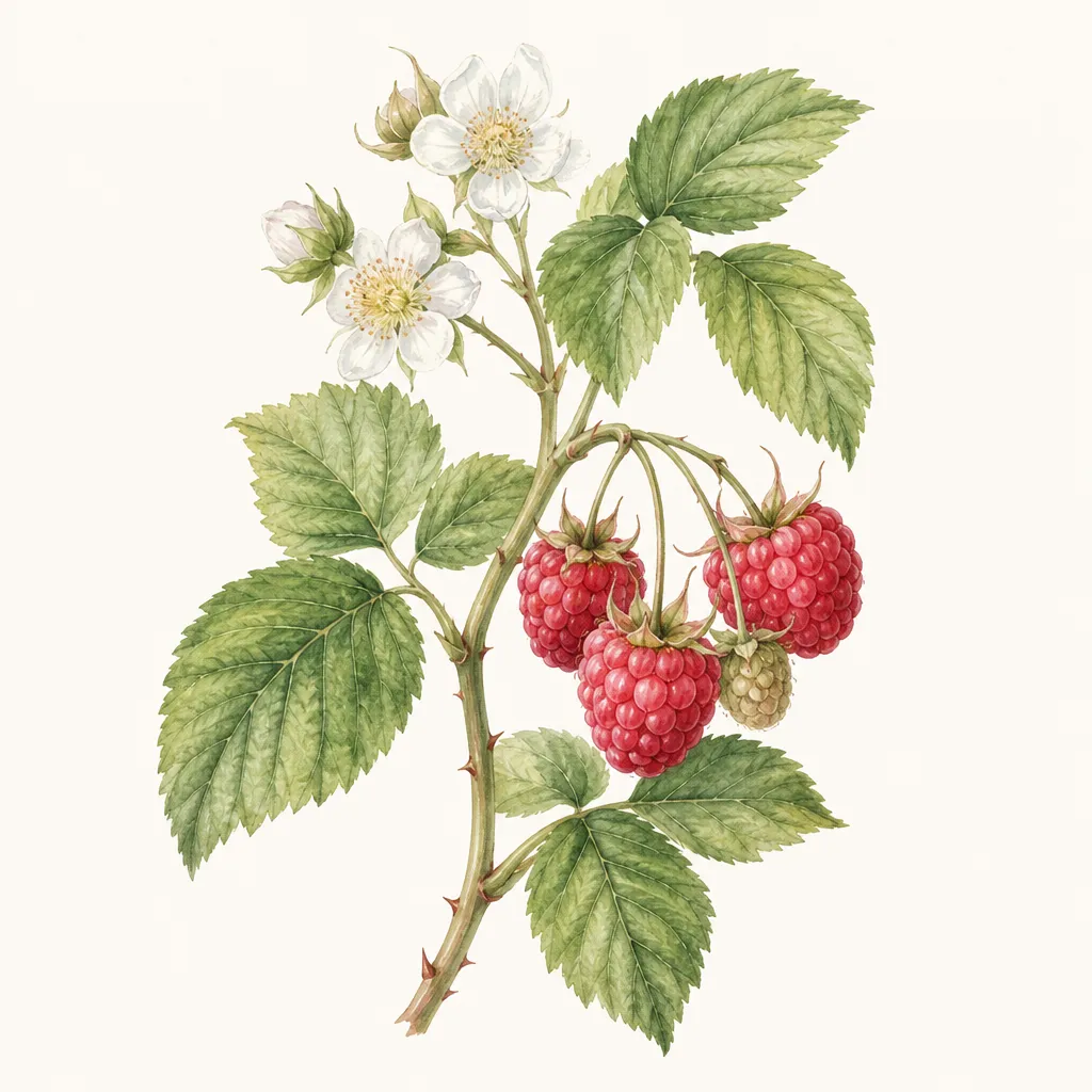 Малина (Rubus idaeus) — ботаническая иллюстрация травы