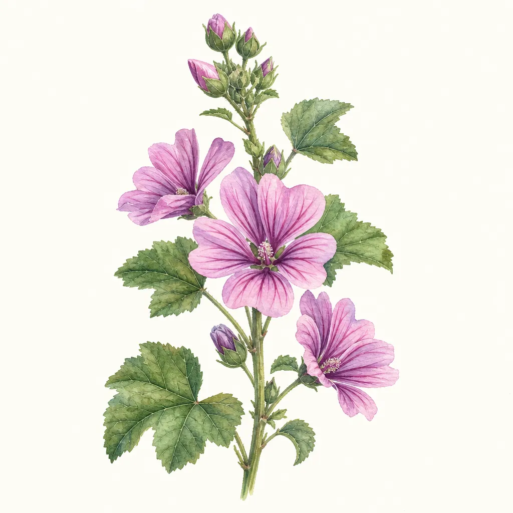 Мальва (Malva sylvestris) — ботаническая иллюстрация травы
